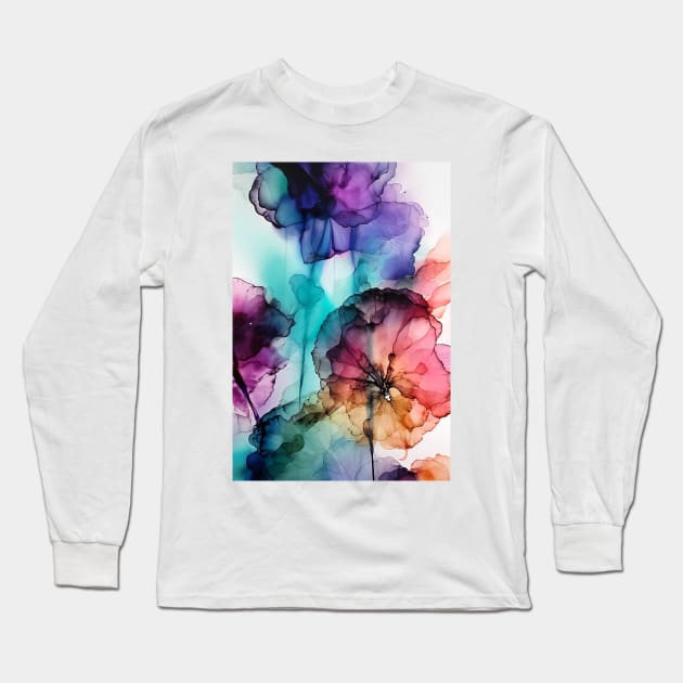 Rainbow Flowers - Abstract Alcohol Ink Art Long Sleeve T-Shirt by inkvestor